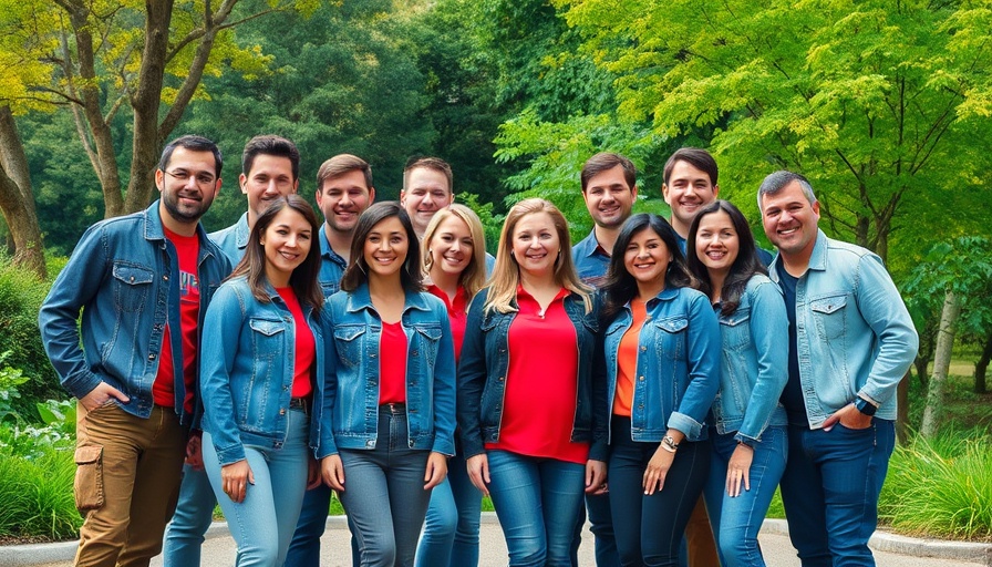 RevenueCat team in denim and red, outdoor portrait in woods