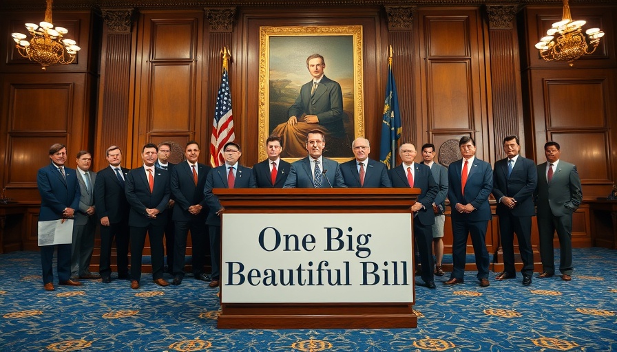 Politicians at podium discussing the One Big Beautiful Bill Act in a formal setting.