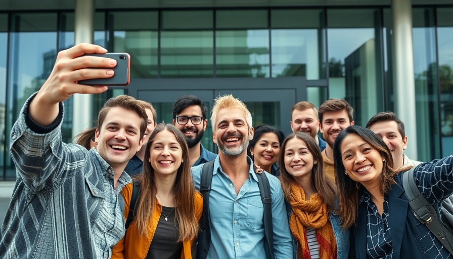 Diverse team happily taking a selfie outside.