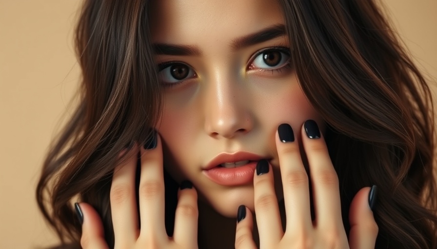 Young woman with dark hair and glossy nails gazing thoughtfully.