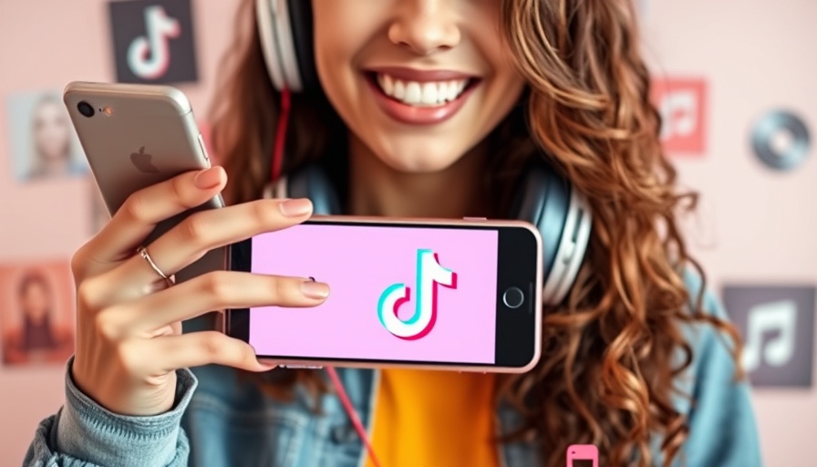 Woman promoting TikTok music with phone and headphones.