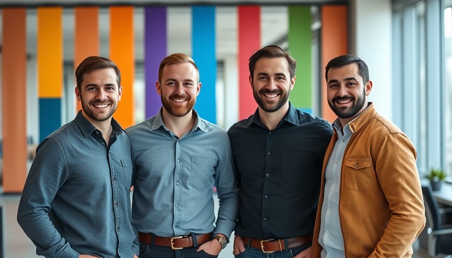 Smiling team of four men in a modern office, AI 3D modeling startup.