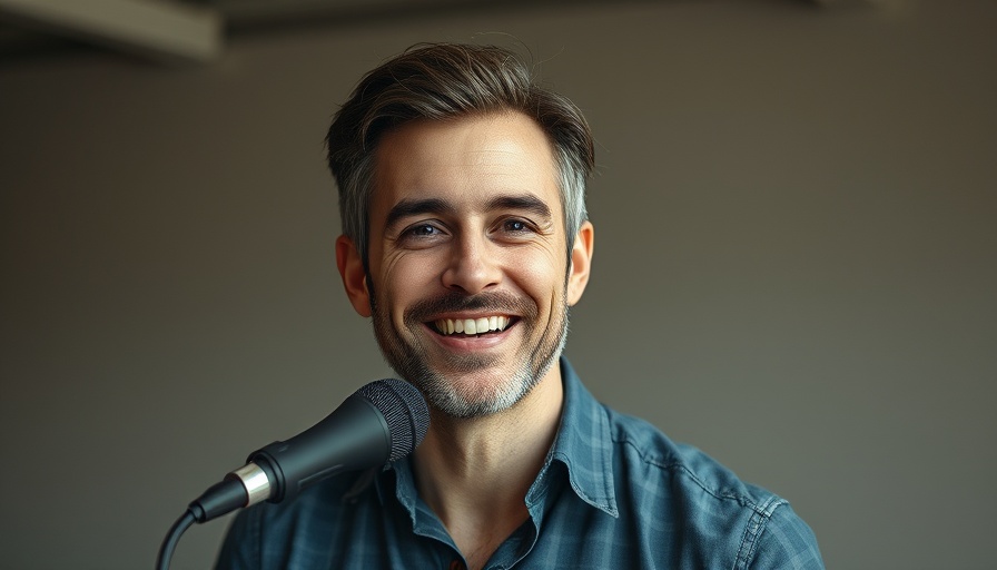 Man talking into microphone about translate text feature in warm lighting.