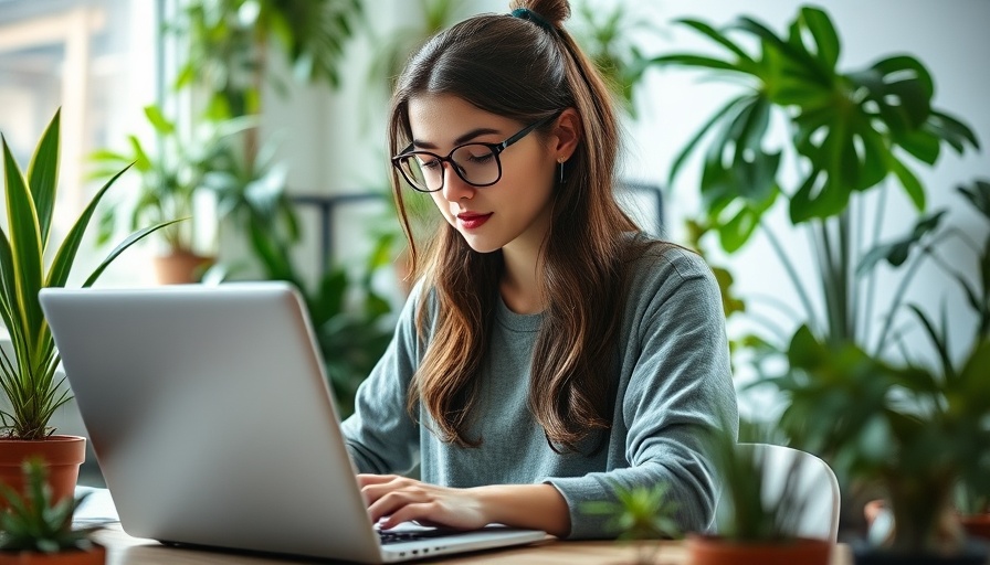 Business woman working on a laptop in a plant-filled environment, embodying a successful small business website.