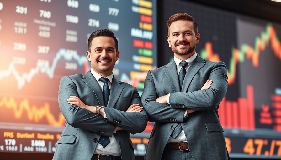 Confident businessmen in front of stock market graphs amid Anywhere Real Estate merger news.