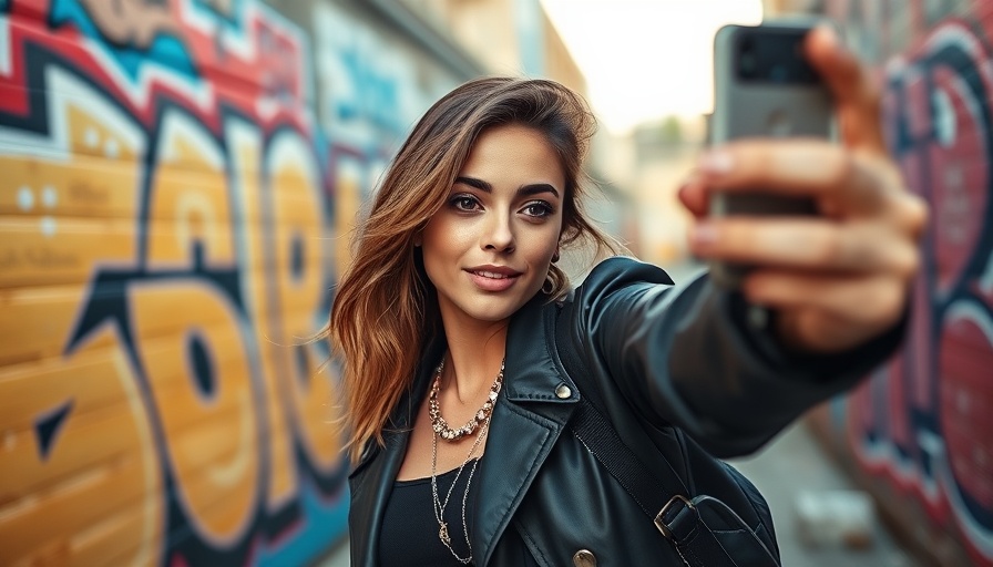 Stylish woman taking selfie in vibrant graffiti setting, Instagram Image Size 2025.