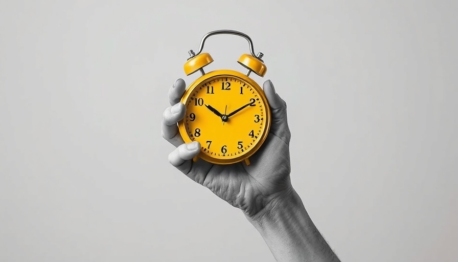 Monochrome hand with yellow clock, artistic concept for AI social media content creation tools.