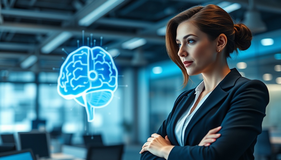 Businesswoman looks at digital circuit brain, symbolizing how to spot AI-written content, in a futuristic office.