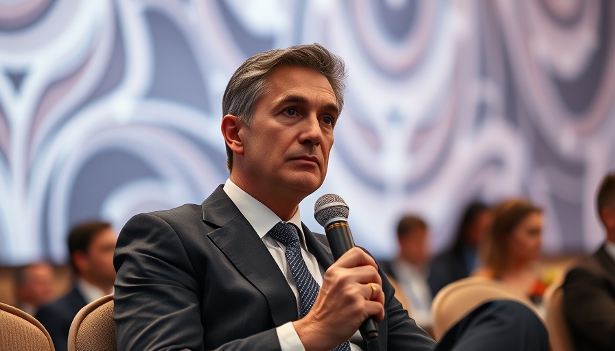 Distinguished man seated at event, holding microphone.