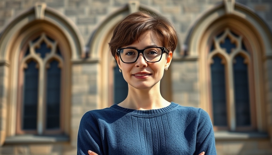 Confident woman in blue sweater outdoors in front of historic building.