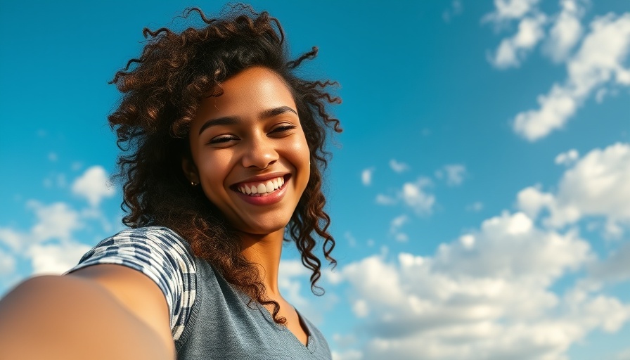 Cheerful woman taking selfie for user-generated content marketing.