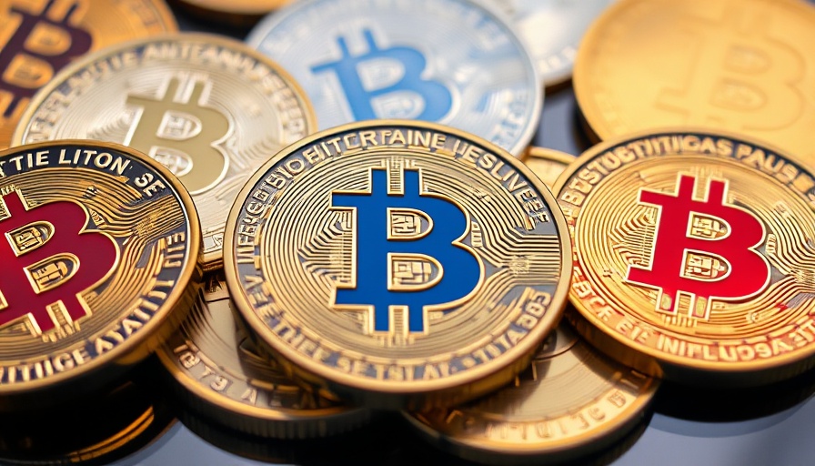 Close-up of various cryptocurrency coins with intricate designs.
