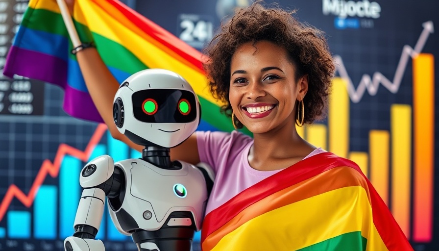 Joyful woman with a rainbow flag and robot next to bar graphs, illustrating inclusivity.