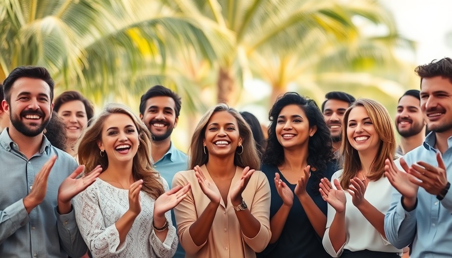 Diverse professionals clapping at client appreciation event, tropical background.