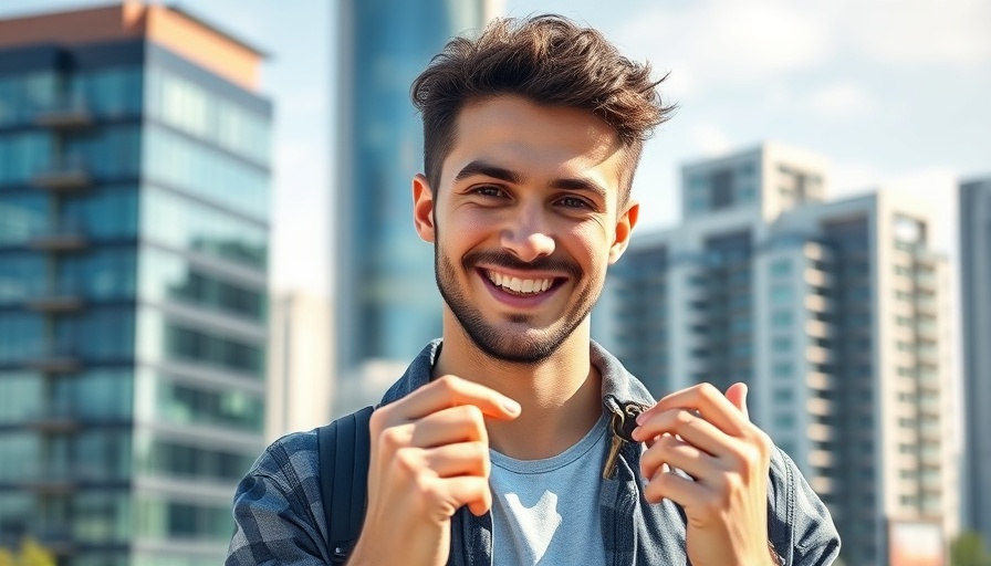 Young real estate investor smiling with keys, city background.