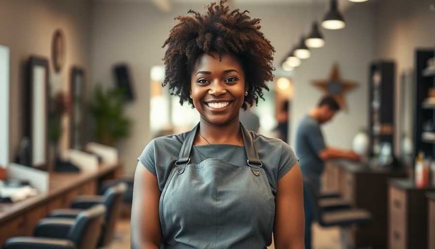 Smiling woman in hair salon wearing apron, starting a hair salon