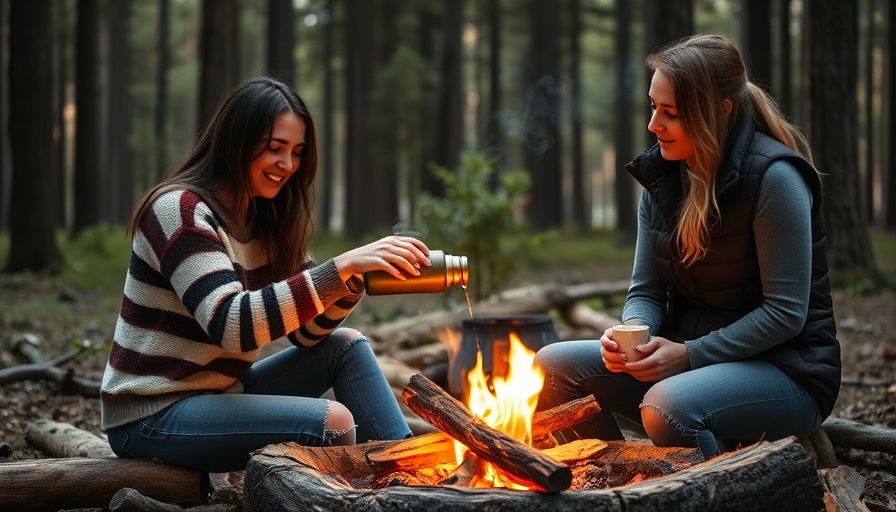 Women by campfire in forest sharing hot drink, creative consistency.