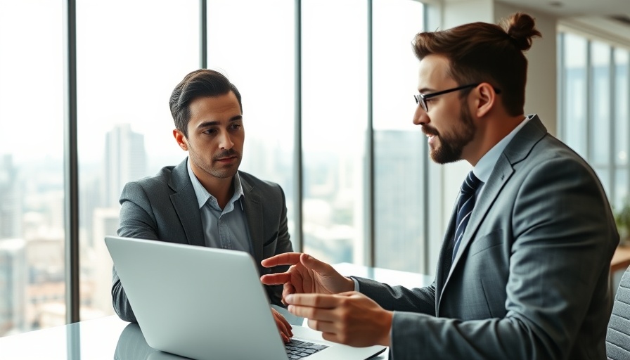 Two professionals discussing AI reshaping buyer journey on laptop.