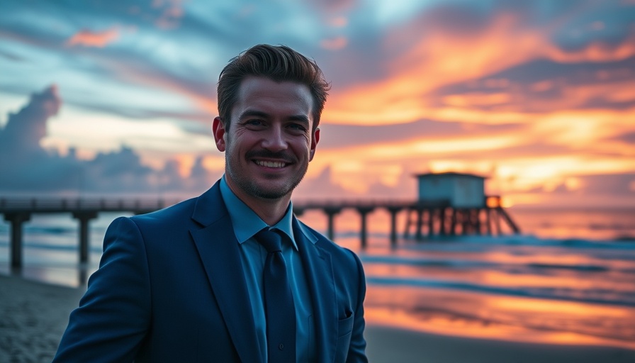 Smiling man in suit at sunset beach, vibrant sky, RE/MAX AEGIS.