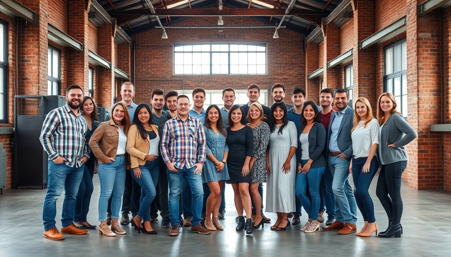 Group photo of people in an industrial space, representing teamwork.