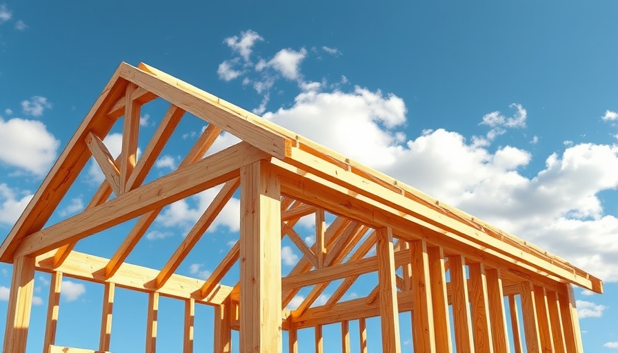 Partially built house frame under clear sky, housing starts decline 10%.
