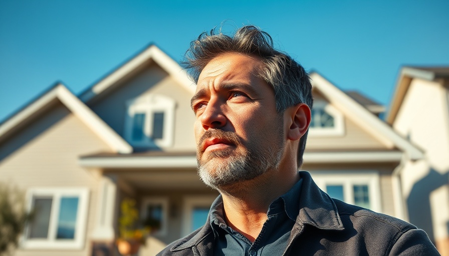 Man pondering funding your first rental property outside modern house.