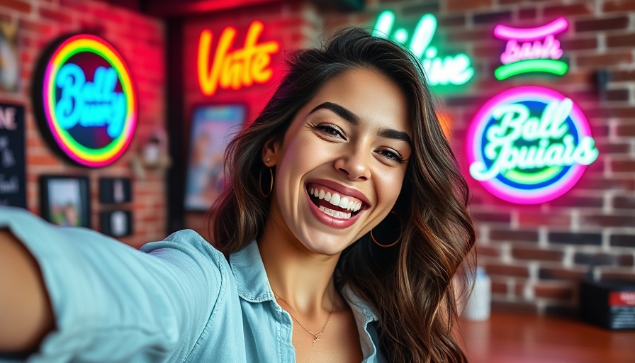 Young woman taking a selfie in a trendy room with neon lights, highlighting social media engagement.