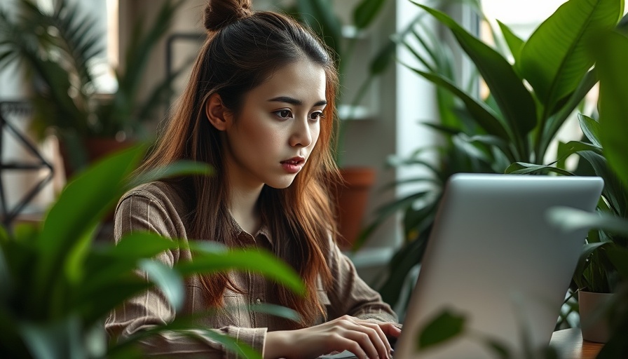 Young woman working on a laptop among plants, essential strategies for small business leadership.