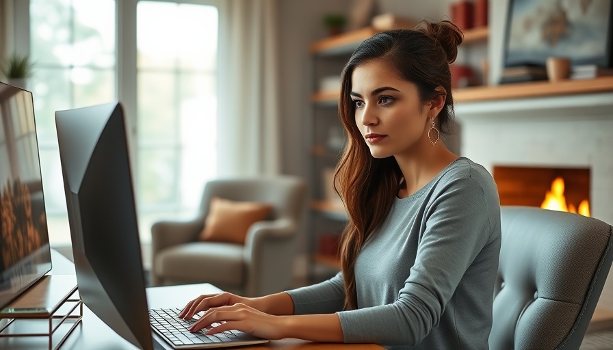 Young woman working at desk in cozy office, focused on computer.