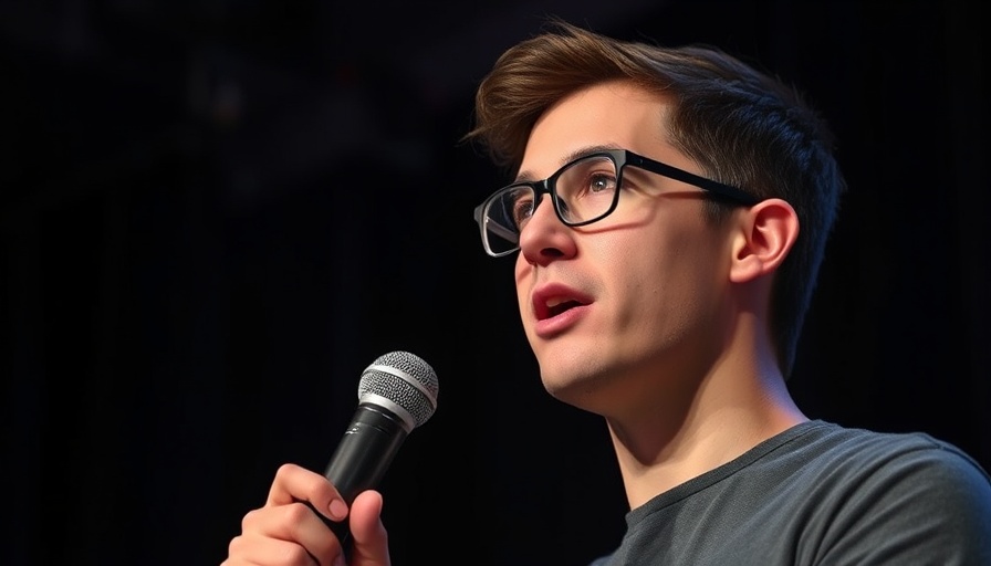 Young man speaking on stage about prediction markets investment, microphone in hand.
