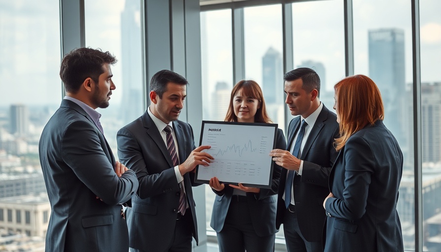 Business team discussing charts in a modern office.