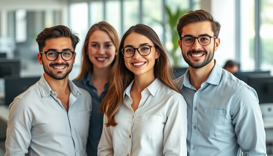 Three young professionals smiling in a modern office, how to start a manufacturing business.