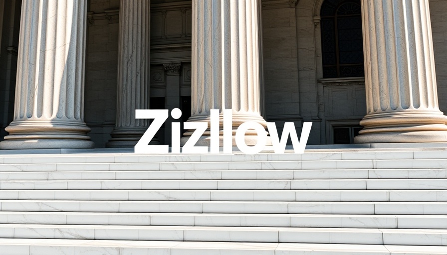 Zillow logo over court building columns, symbolizing legal context in wage violations case.