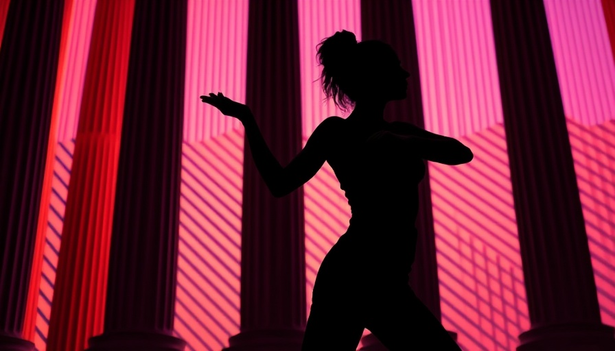 Abstract silhouette of a woman against vibrant columns in purple and orange.