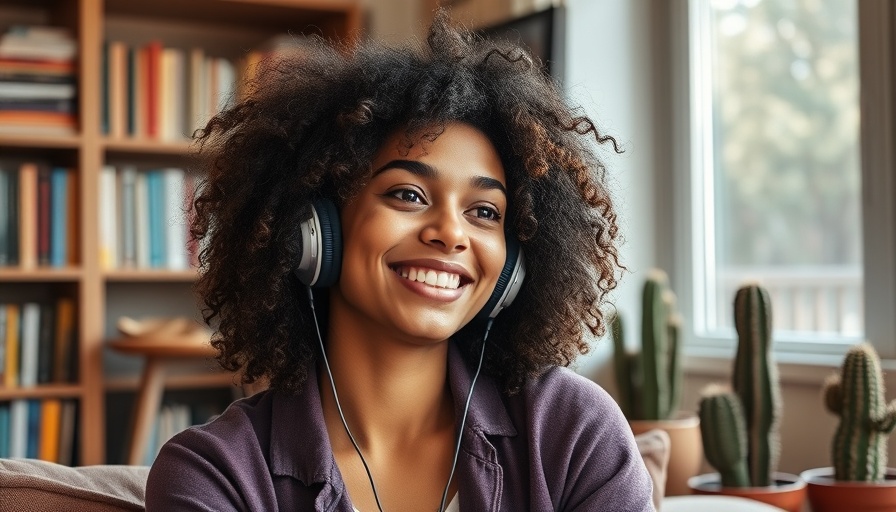 Woman smiling while finding trending Instagram audio in a cozy room.