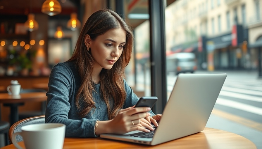 Young woman working on sustainable social media growth in a city cafe.