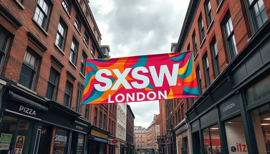 Vibrant city street with SXSW London sign, first international in-person conference experience.
