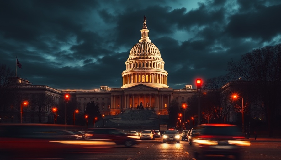 Orange-lit U.S. Capitol at night, dramatic street scene.