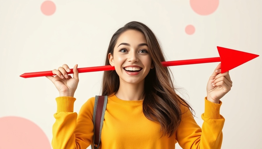 Cheerful woman holding a red arrow symbolizing NFT Whitelisting Campaigns.