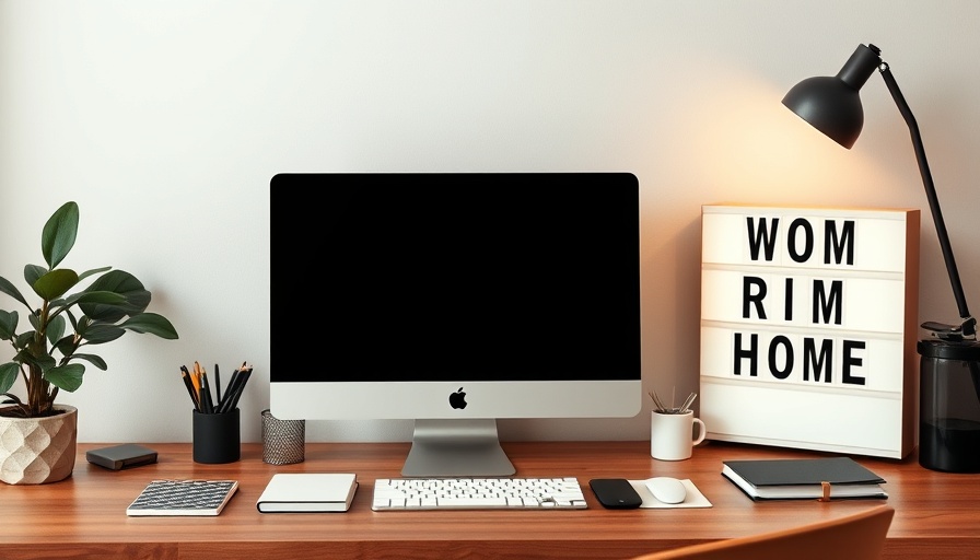 Modern home office setup with 'WORK FROM HOME' sign.