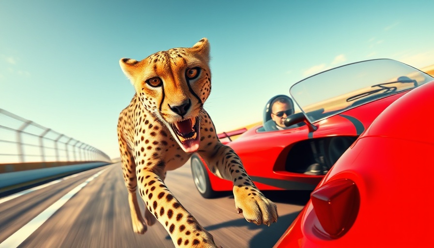 Cheetah alongside fastest car on racetrack with driver, showcasing speed and determination.