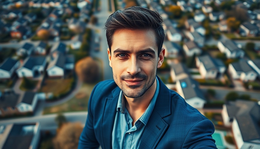 Confident man with aerial view of suburban neighborhood, emphasizing rental properties.