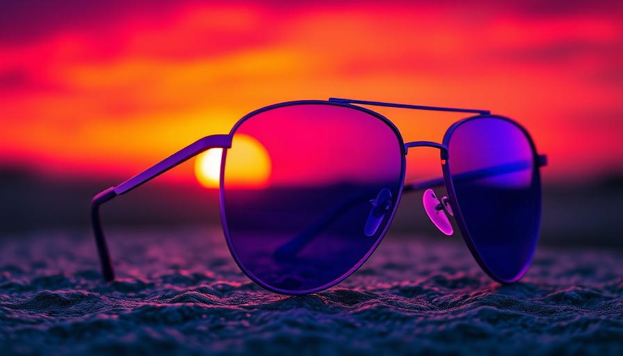 Vibrant sunglasses reflecting sunset, neon colors, dynamic lighting.