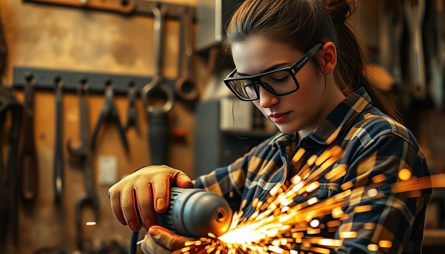 Female welder grinding metal in a workshop, sparks flying, welding projects to make money.