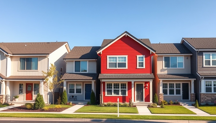 Modern suburban houses with manicured lawns under blue sky.