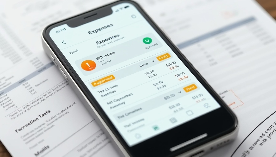 Business expense tracker app displayed on a smartphone, receipts in the background.