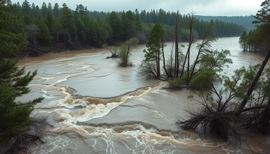 Raging floodwaters in Texas forest, illustrating survival stories.