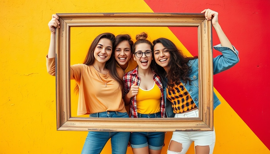 Colorful photo of women posing playfully with a frame against a bright wall.