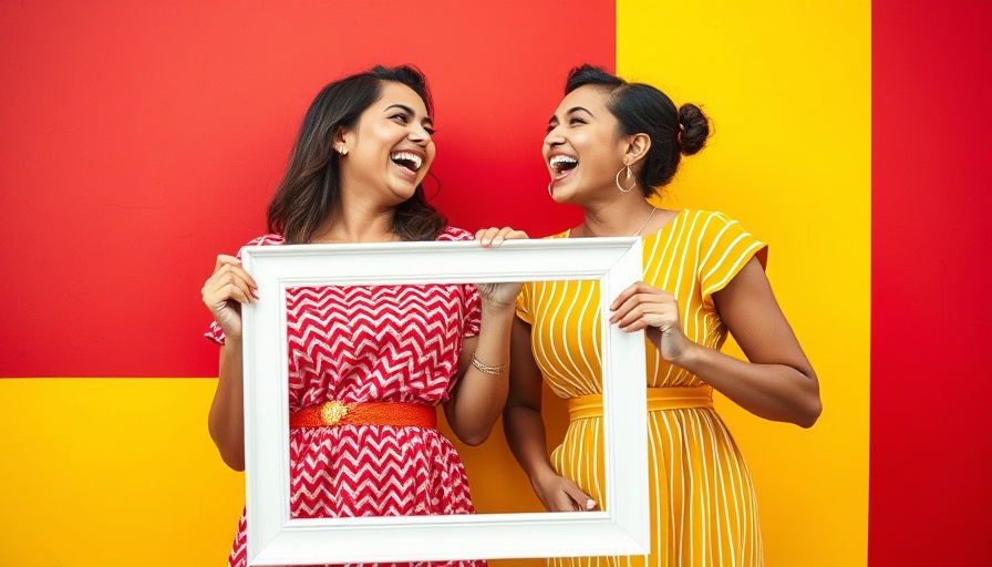Vibrant image of two women laughing with a photo frame against a colorful wall, Instagram SEO for Real Estate.