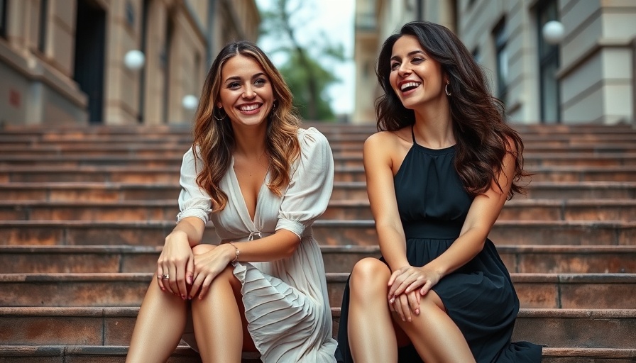 Two women smiling on stairs, showcasing team camaraderie.